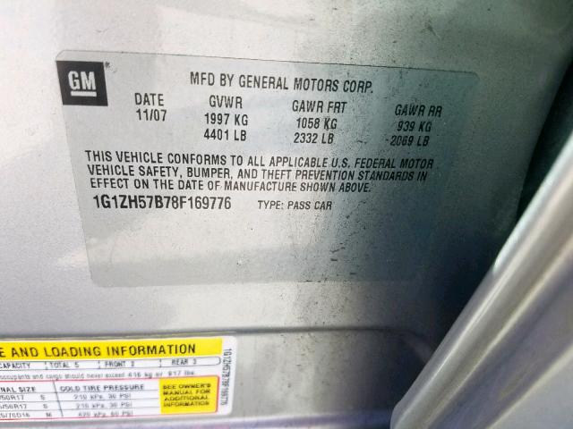 1G1ZH57B78F169776 - 2008 CHEVROLET MALIBU 1LT SILVER photo 10