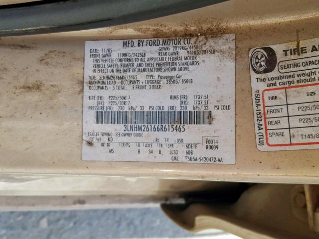 3LNHM26166R615465 - 2006 LINCOLN ZEPHYR GOLD photo 10