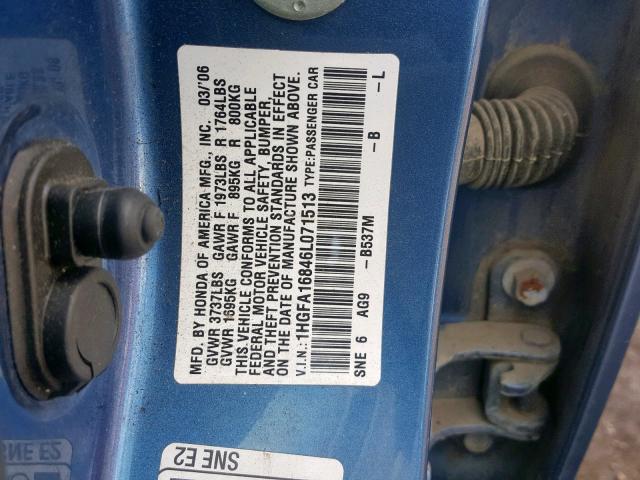 1HGFA16846L071513 - 2006 HONDA CIVIC EX BLUE photo 10