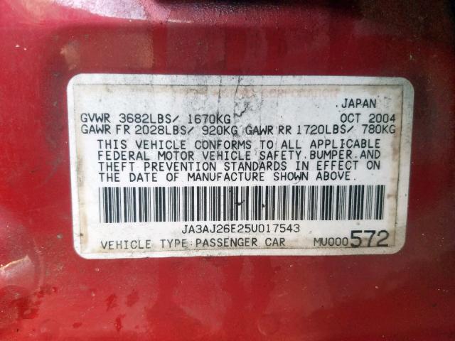 JA3AJ26E25U017543 - 2005 MITSUBISHI LANCER ES RED photo 10