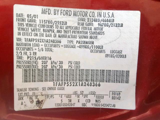 1FAFP552X1A248366 - 2001 FORD TAURUS SES RED photo 10