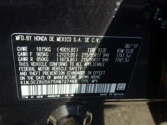 3CZRU5H75HM727468 - 2017 HONDA HR-V EXL GRAY photo 10