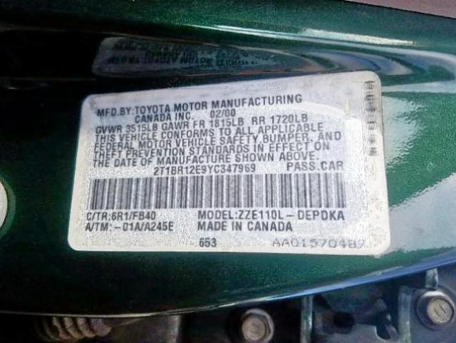 2T1BR12E9YC347969 - 2000 TOYOTA COROLLA VE GREEN photo 10