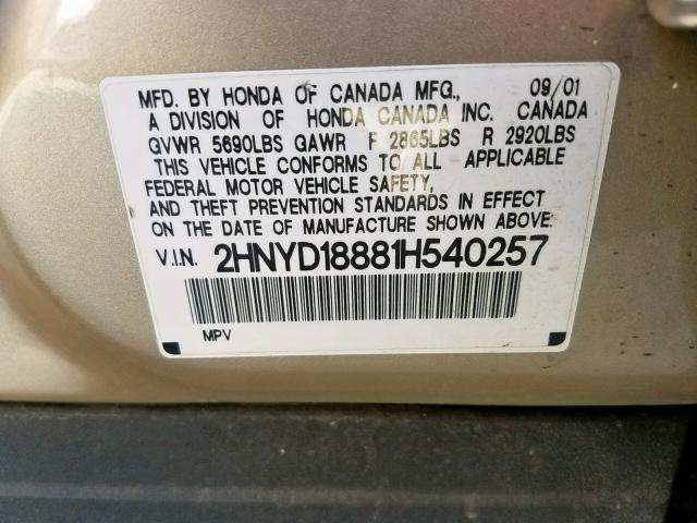 2HNYD18881H540257 - 2001 ACURA MDX TOURIN GOLD photo 10