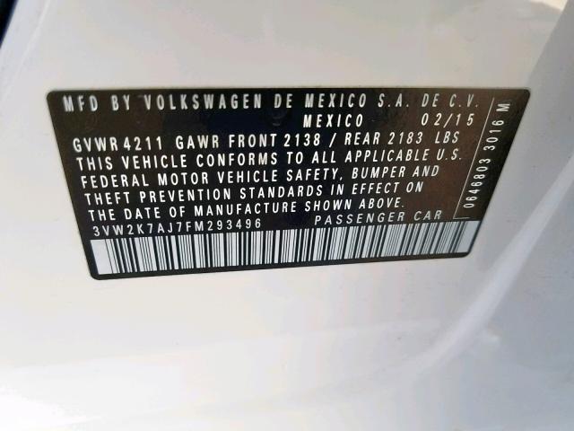 3VW2K7AJ7FM293496 - 2015 VOLKSWAGEN JETTA BASE 白色 照片 10