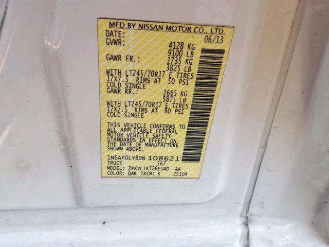 1N6AF0LY8DN108621 - 2013 NISSAN NV 2500 WHITE photo 10