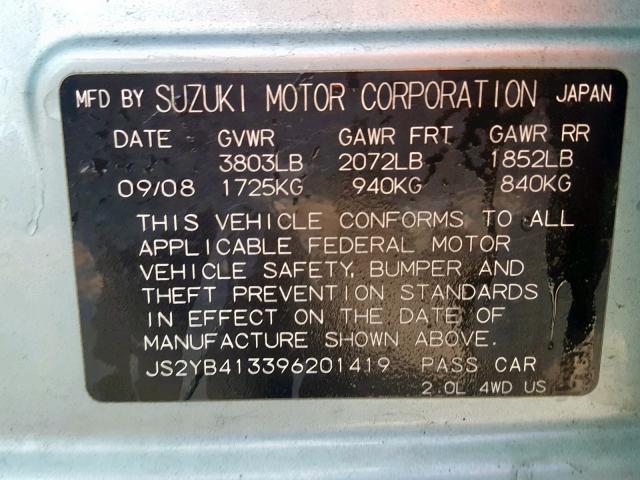 JS2YB413396201419 - 2009 SUZUKI SX4 TECHNO BLUE photo 10