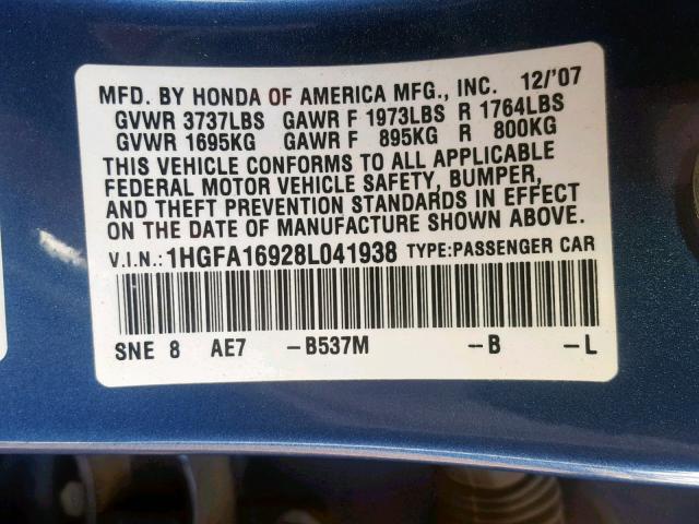 1HGFA16928L041938 - 2008 HONDA CIVIC EXL 蓝色 照片 10
