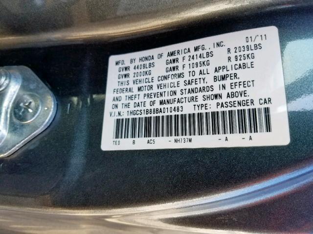 1HGCS1B88BA010483 - 2011 HONDA ACCORD EXL GRAY photo 10