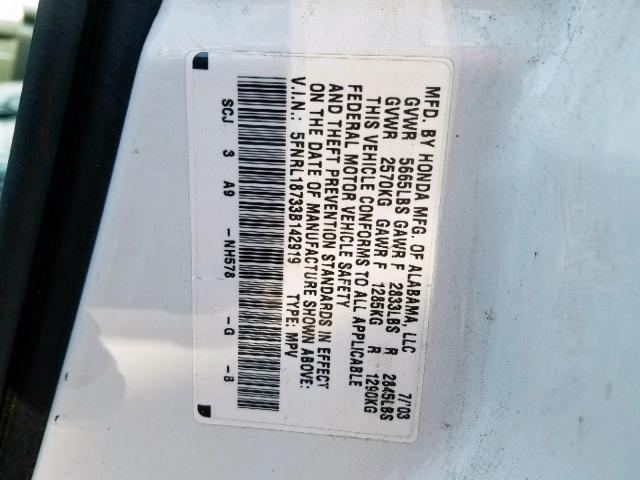 5FNRL18733B142919 - 2003 HONDA ODYSSEY EX WHITE photo 10