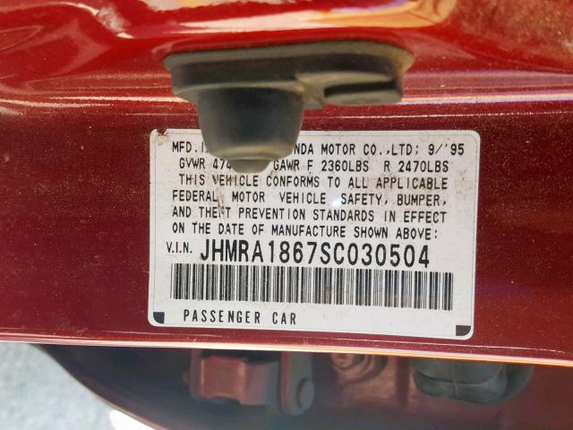 JHMRA1867SC030504 - 1995 HONDA ODYSSEY LX RED photo 10