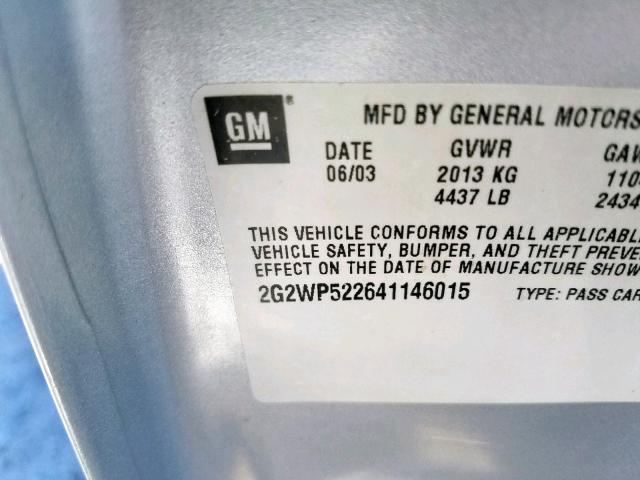 2G2WP522641146015 - 2004 PONTIAC GRAND PRIX SILVER photo 10