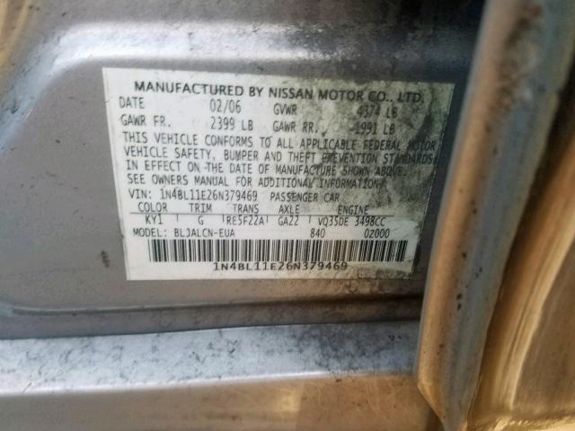 1N4BL11E26N379469 - 2006 NISSAN ALTIMA SE SILVER photo 10