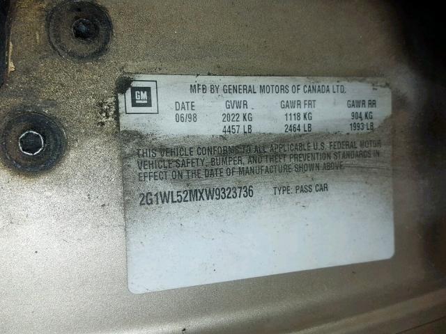 2G1WL52MXW9323736 - 1998 CHEVROLET LUMINA BAS TAN photo 10