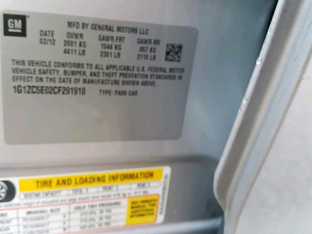 1G1ZC5E02CF291910 - 2012 CHEVROLET MALIBU 1LT 银色 照片 10