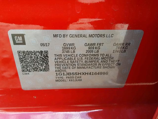 1G1JB5SHXH4164996 - 2017 CHEVROLET SONIC LS 红色 照片 10