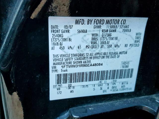 1FTWW31R98EA48084 - 2008 FORD F350 SRW S BLACK photo 10