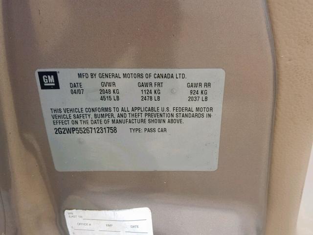 2G2WP552671231758 - 2007 PONTIAC GRAND PRIX TAN photo 10
