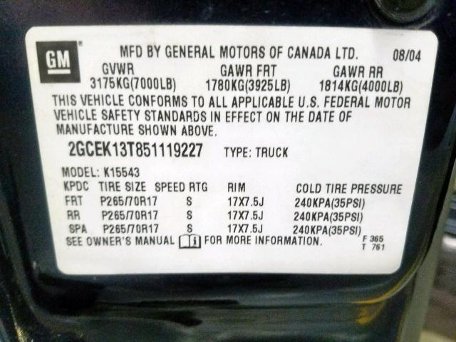 2GCEK13T851119227 - 2005 CHEVROLET SILVERADO BLUE photo 10