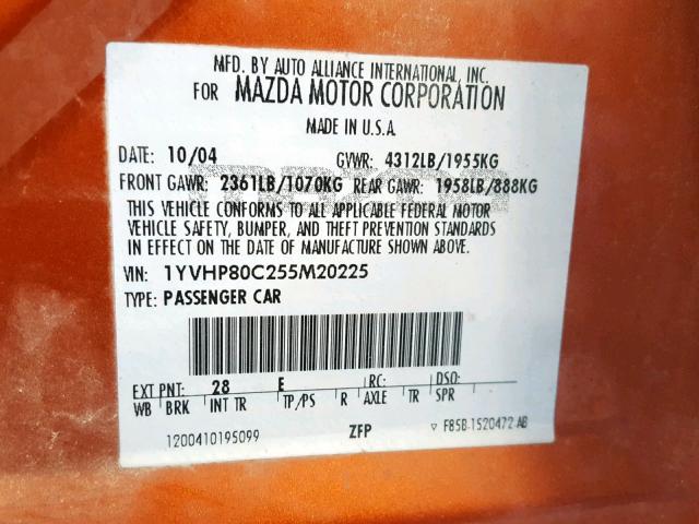 1YVHP80C255M20225 - 2005 MAZDA 6 I ORANGE photo 10