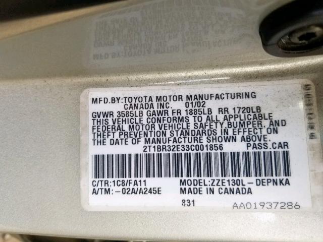 2T1BR32E33C001856 - 2003 TOYOTA COROLLA CE SILVER photo 10