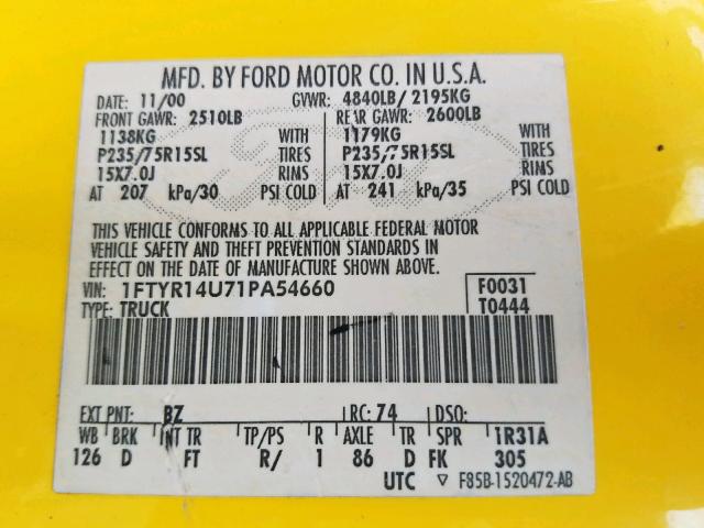 1FTYR14U71PA54660 - 2001 FORD RANGER SUP YELLOW photo 10