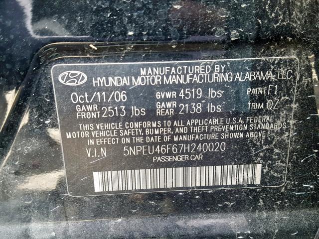 5NPEU46F67H240020 - 2007 HYUNDAI SONATA SE/ BLACK photo 10