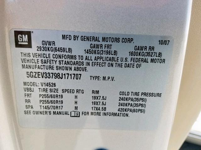 5GZEV33798J171707 - 2008 SATURN OUTLOOK XR ოქროსფერი ფოტო 10