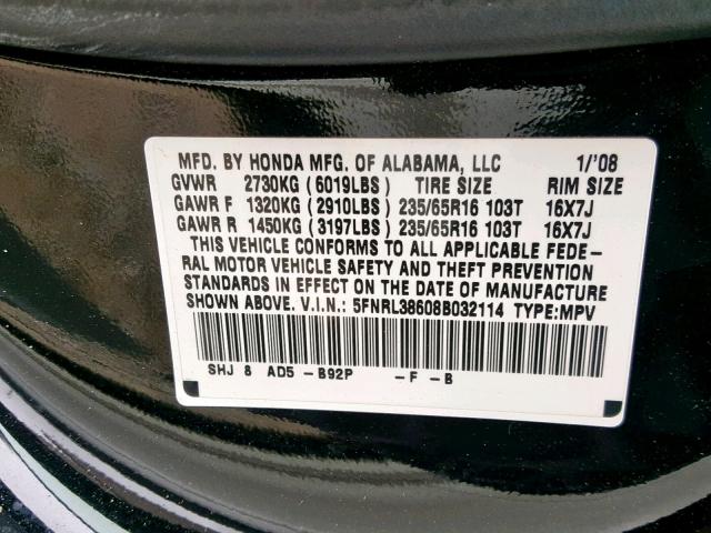 5FNRL38608B032114 - 2008 HONDA ODYSSEY EX BLACK photo 10