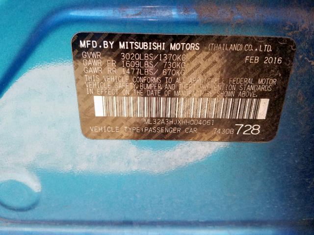 ML32A3HJXHH004061 - 2017 MITSUBISHI MIRAGE ES BLUE photo 10