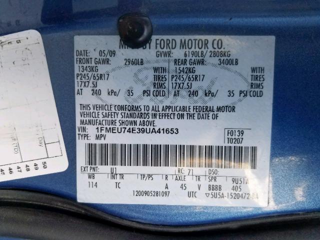 1FMEU74E39UA41653 - 2009 FORD EXPLORER E BLUE photo 10