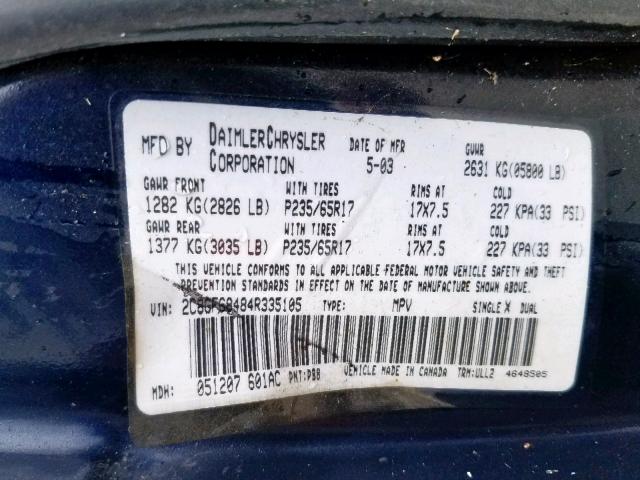 2C8GF68484R335105 - 2004 CHRYSLER PACIFICA BLUE photo 10