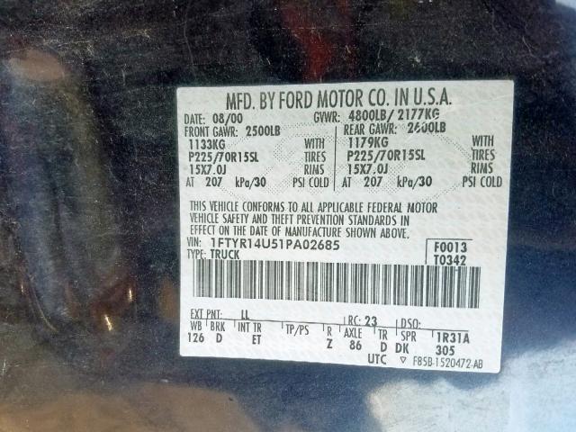 1FTYR14U51PA02685 - 2001 FORD RANGER SUP BLUE photo 10