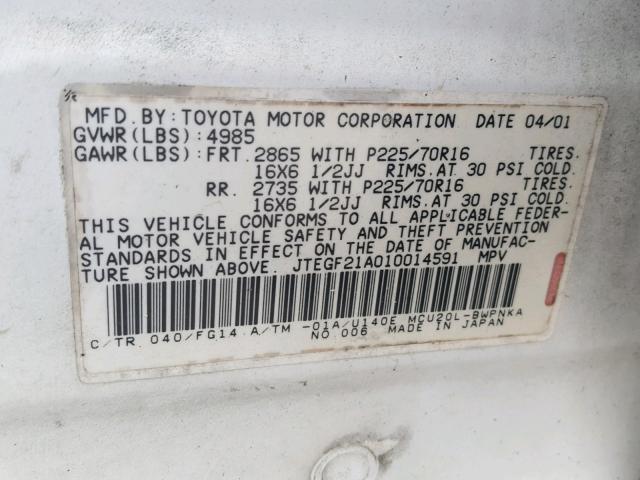 JTEGF21A010014591 - 2001 TOYOTA HIGHLANDER WHITE photo 10