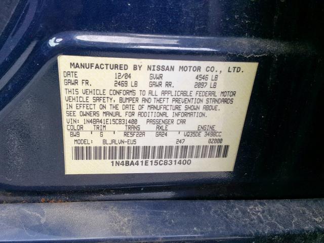 1N4BA41E15C831400 - 2005 NISSAN MAXIMA SE BLUE photo 10