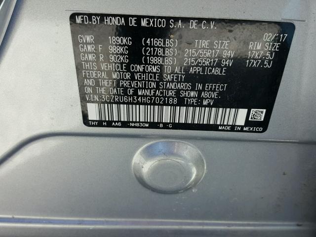 3CZRU6H34HG702188 - 2017 HONDA HR-V LX SILVER photo 10