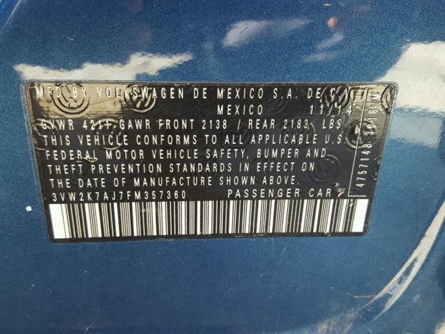 3VW2K7AJ7FM357360 - 2015 VOLKSWAGEN JETTA BASE Կապույտ լուսանկար 10