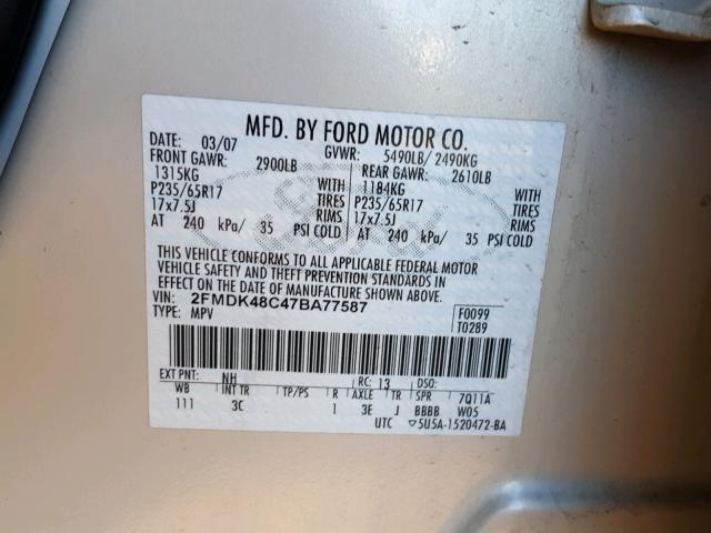 2FMDK48C47BA77587 - 2007 FORD EDGE SEL CREAM photo 10