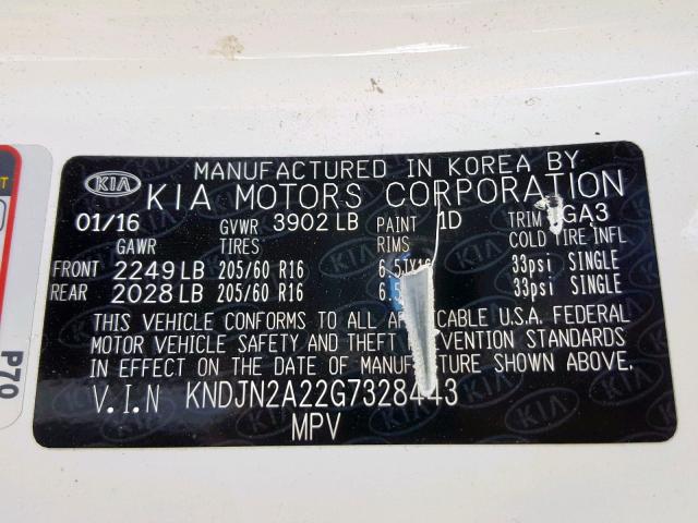 KNDJN2A22G7328443 - 2016 KIA SOUL WHITE photo 10