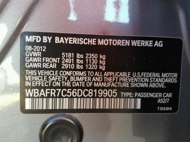 WBAFR7C56DC819905 - 2013 BMW 535 I GRAY photo 10