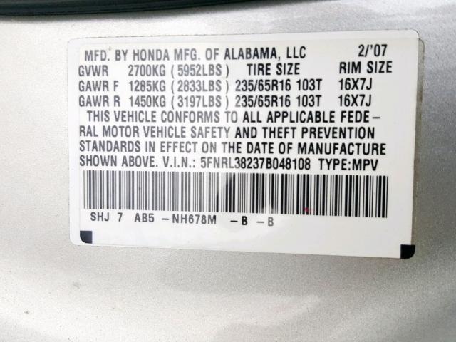 5FNRL38237B048108 - 2007 HONDA ODYSSEY LX GRAY photo 10