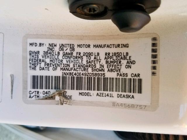 1NXBE40E49Z058935 - 2009 TOYOTA COROLLA XR 白色 照片 10