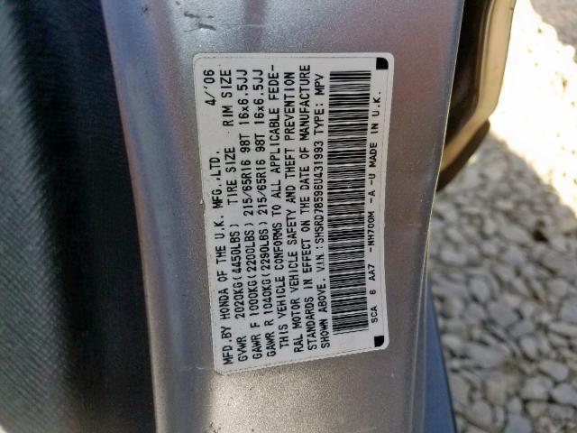 SHSRD78596U431993 - 2006 HONDA CR-V LX SILVER photo 10