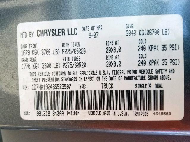 1D7HA18248S523507 - 2008 DODGE RAM 1500 S GRAY photo 10