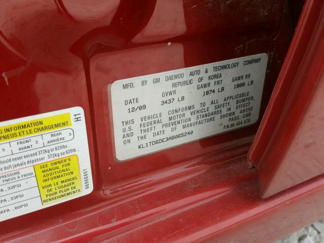KL1TD6DE3AB065240 - 2010 CHEVROLET AVEO LS Qırmızı foto 10