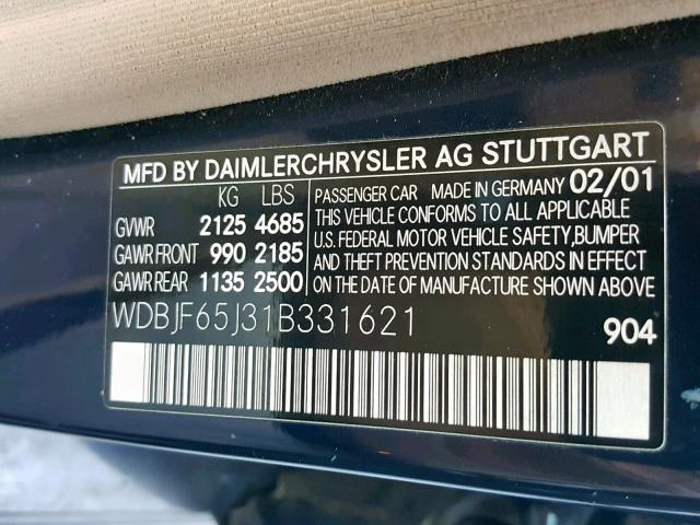 WDBJF65J31B331621 - 2001 MERCEDES-BENZ E 320 BLUE photo 10