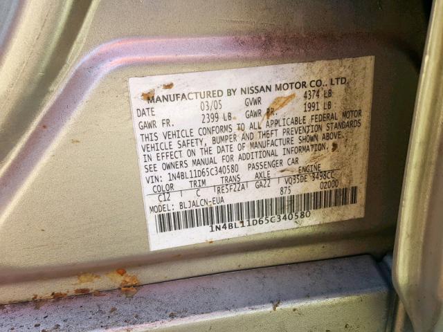 1N4BL11D65C340580 - 2005 NISSAN ALTIMA SE SILVER photo 10