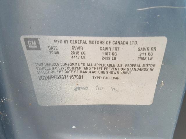 2G2WP552371167081 - 2007 PONTIAC GRAND PRIX BLUE photo 10