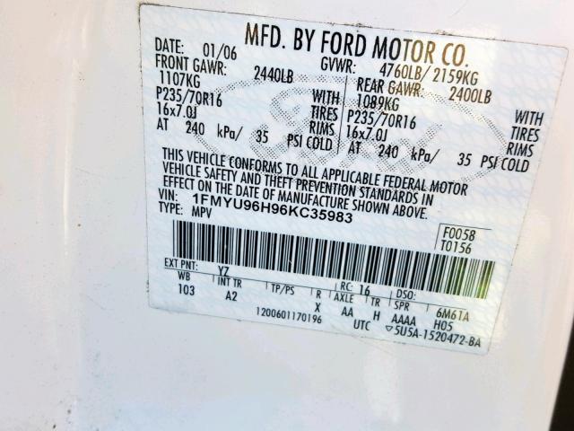 1FMYU96H96KC35983 - 2006 FORD ESCAPE HEV WHITE photo 10