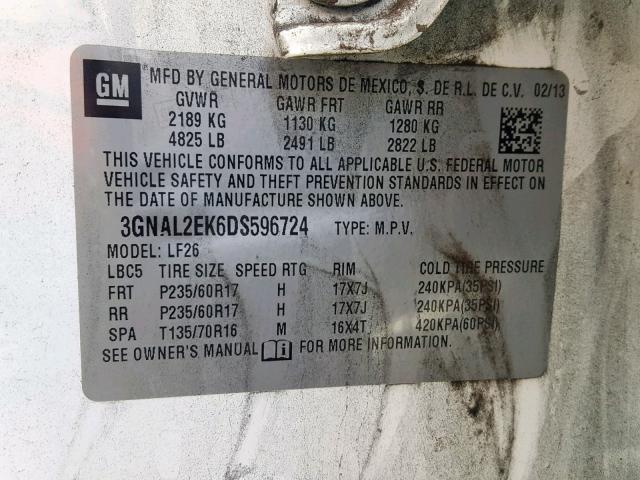 3GNAL2EK6DS596724 - 2013 CHEVROLET CAPTIVA LS 白色 照片 10